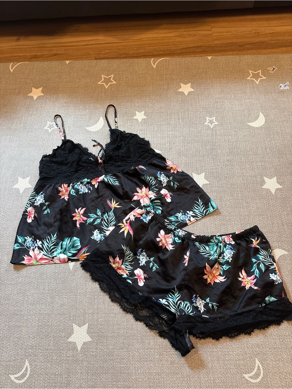 INC International Concepts Black Floral Satin Lace-Trim Cami & Shorts Set